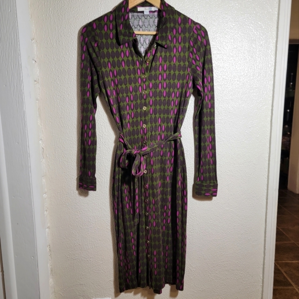 Boden Carnaby Midi Shirt Dress Button Down Belted Olive Purple Geo Print sz 6L